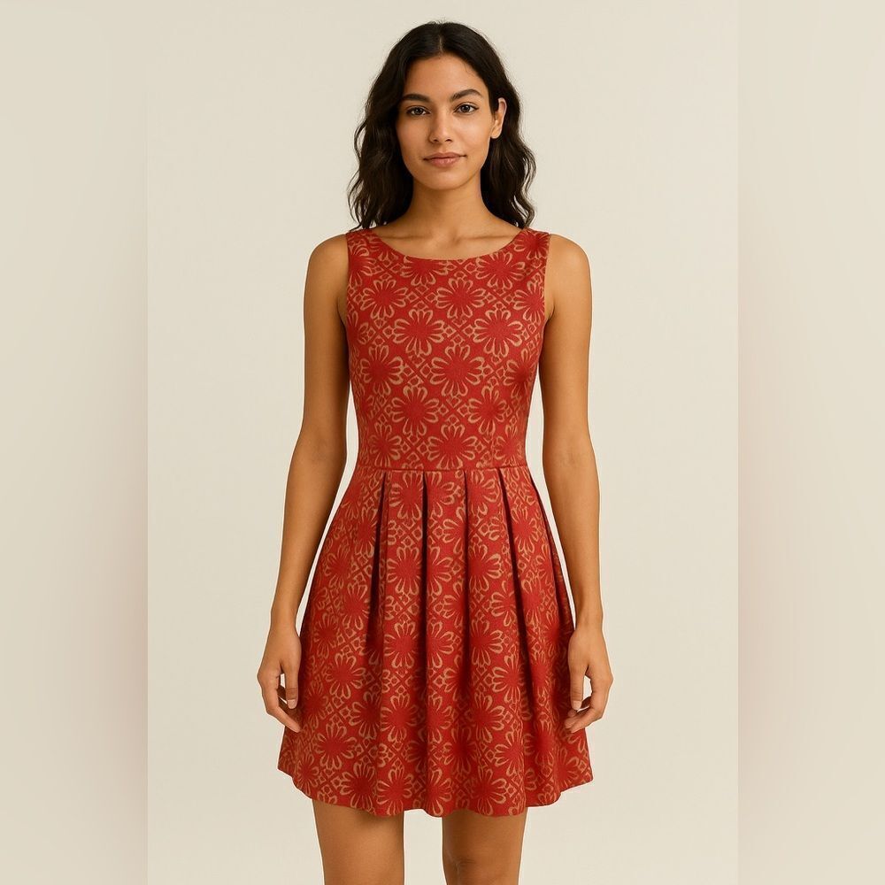 Edith & Ella by Line Markvardsen Sleeveless Red Tan Pattern Dress SZ M